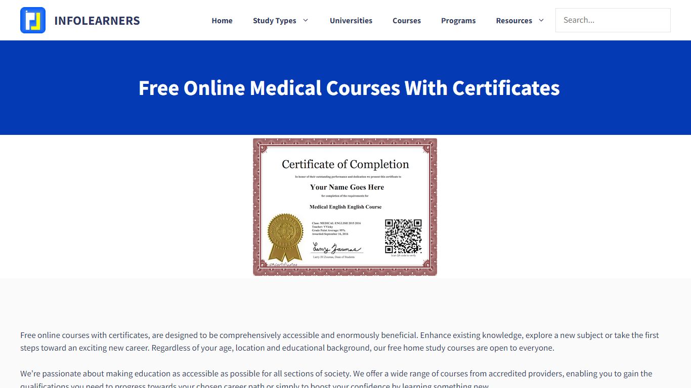 Free Online Medical Courses with Certificates - INFOLEARNERS